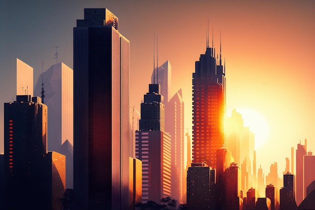 Panorama mattutino dello screensaver degli edifici della città moderna