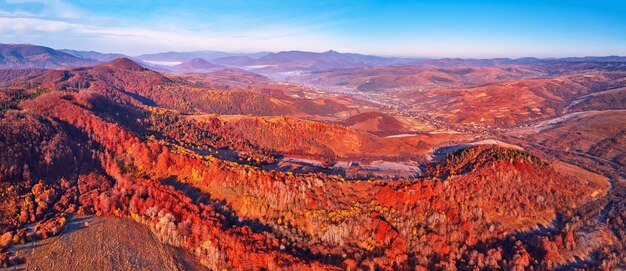 Panorama montano di novembre Montagna nebbiosa d'autunno Paesaggio di alba Mattina valle coperta dalla scena aerea di nebbia Scenario autunnale stagionale della gamma dei Carpazi