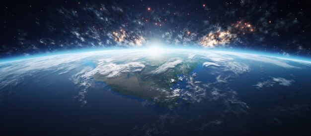 Panorama orizzontale di blu Scena spaziale con pianeti stelle e galassie generata dall'AI