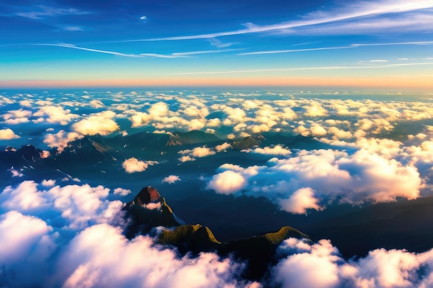 Panorama sopra le nuvole dal finestrino dell'aereo IA generativa