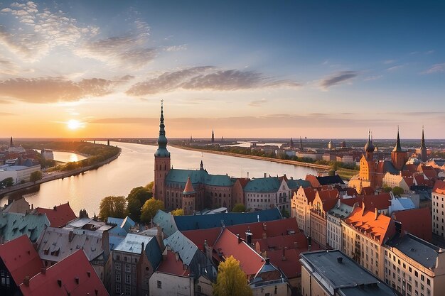 Panorama sul tetto di RIga al tramonto con architetture urbane e fiume Daugava Vista della città vecchia