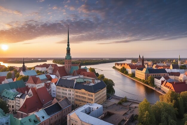 Panorama sul tetto di RIga al tramonto con architetture urbane e fiume Daugava Vista della città vecchia