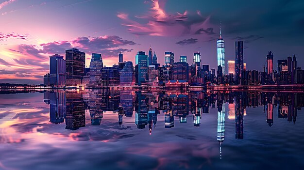 Panorama urbano al crepuscolo con grattacieli illuminati