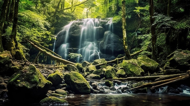 Panoramica bellissima cascata della foresta profonda