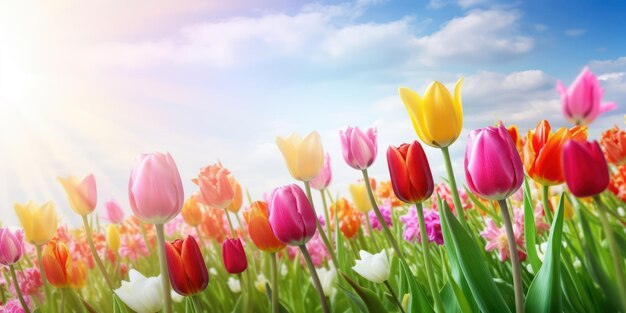 Panoramica colorata di un campo di tulipani che mostra diversi tipi