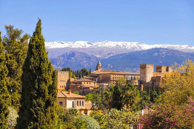 Panoramica dell'Alhambra di Granada e sullo sfondo la montagna della Sierra Nevada