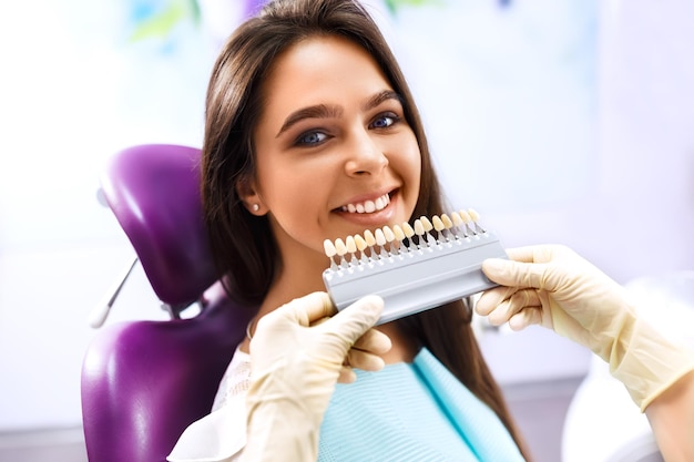 Panoramica della prevenzione della carie dentale Donna alla poltrona del dentista durante la procedura dentale Sorriso sano