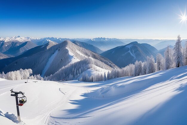 Panoramica delle montagne invernali con piste da sci e ascensori vicino al centro sciistico Vogel Slovenia