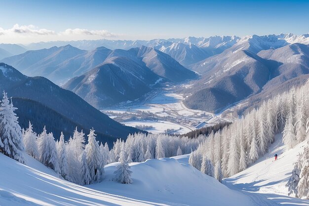 Panoramica delle montagne invernali con piste da sci e ascensori vicino al centro sciistico Vogel Slovenia