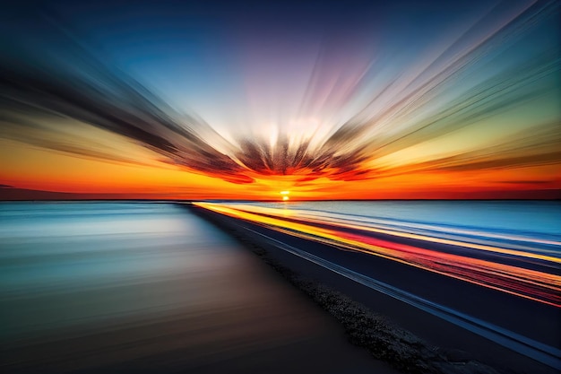 Panoramica di un'alba colorata con esposizione lunga e bassa velocità dell'otturatore