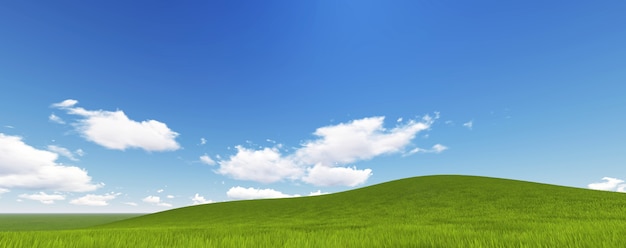 Panoramica Green Grass sulla collina con nuvole e il cielo blu. Rendering 3D