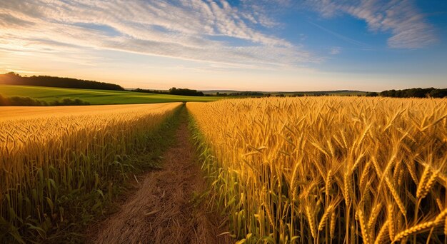 Panoramica mozzafiato di un campo di grano alla luce del mattino