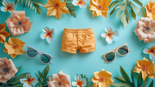 Pantaloncini arancione e occhiali da sole incorniciati in fiori di carta Ciao estate Ciao primavera