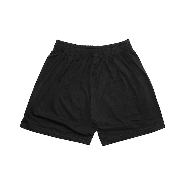 Pantaloncini sportivi di colore nero vista anteriore e posteriore isolata su bianco