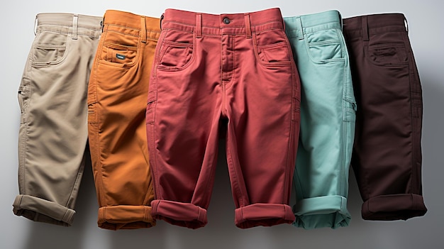 Pantaloni da uomo di diversi colori su un appendiabiti nel magazzino.