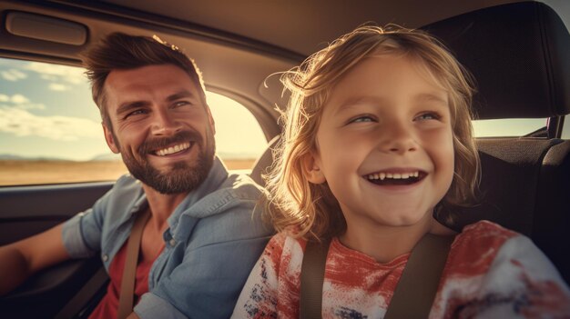 Papà e bambino in macchina che ridono e sorridono ampiamente mentre viaggiano Creato con la tecnologia dell'IA generativa