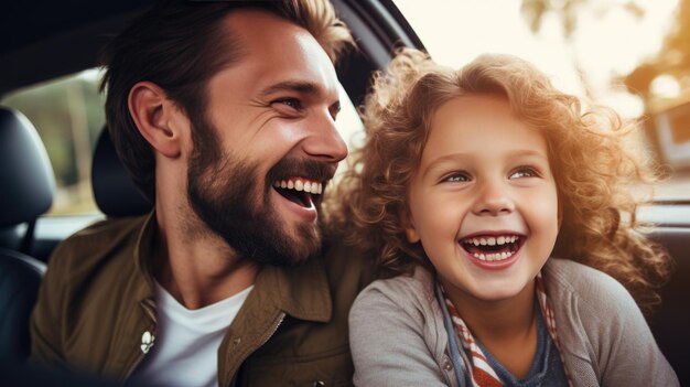 Papà e bambino in macchina che ridono e sorridono ampiamente mentre viaggiano Creato con la tecnologia dell'IA generativa