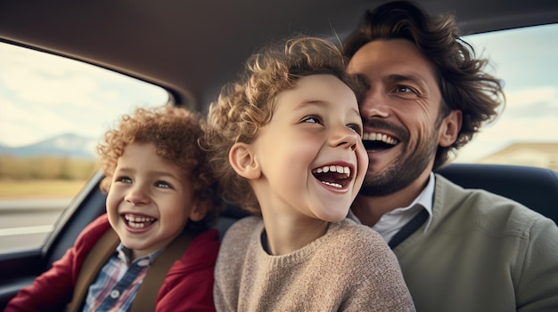 Papà e due bambini che viaggiano in macchina ridono e sorridono ampiamente mentre viaggiano Creato con la tecnologia di intelligenza artificiale generativa