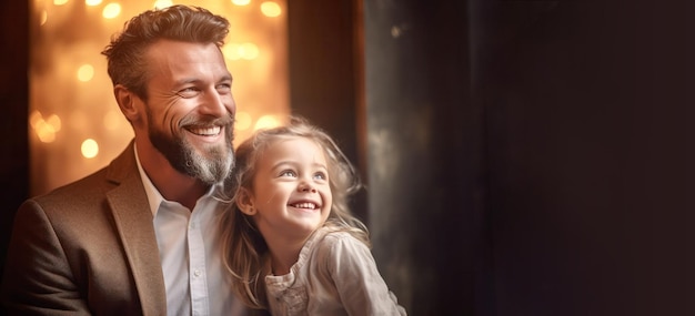 Papà e figlia che ridono insieme in una bella scena per lo sfondo del banner del giorno del padre con spazio di copia