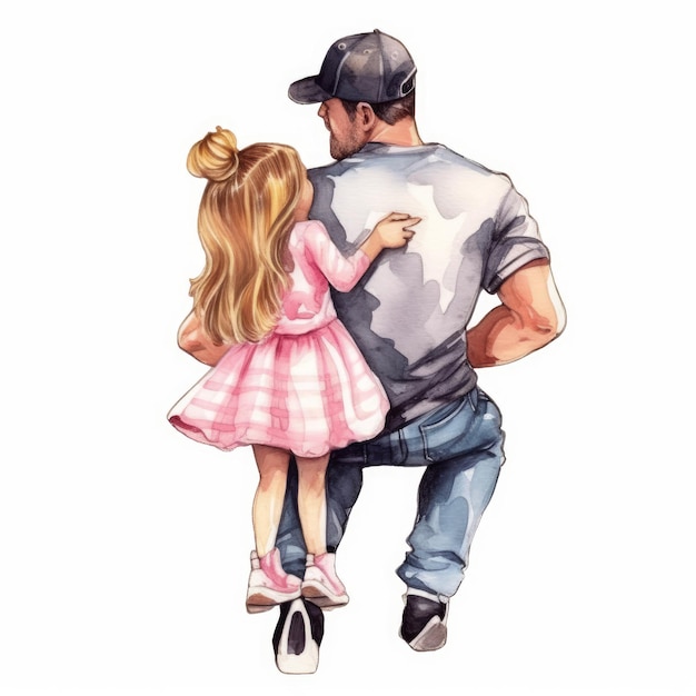 Papà e figlia Clipart corpo pieno pittura ad acquerello AI generativa