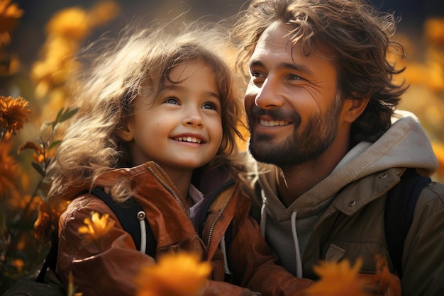 Papà e figlia ridono nel parco autunnale