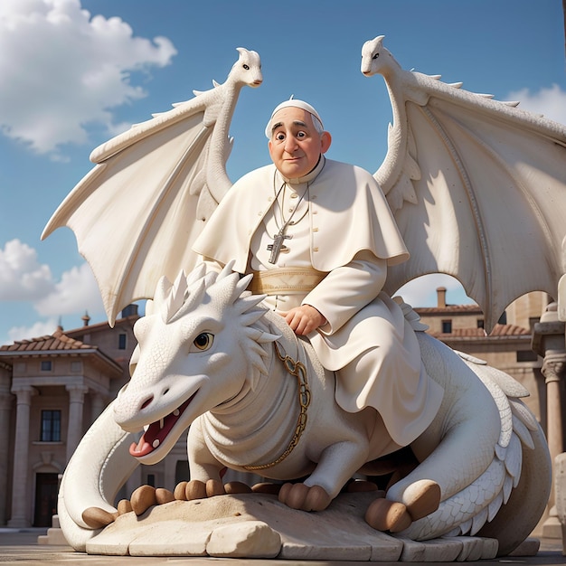 Papa Francesco in cima a un drago bianco