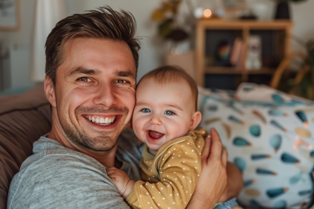 Papà sorridente con un bambino carino e felice a casa Momento di paternità genitoriale AI generativa