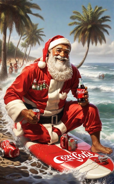 Papai noel surfando e prendendo coca cola