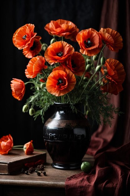 papaveri rossi in un vaso marrone su un tavolo su uno sfondo nero