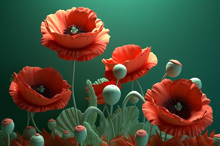 papaveri su uno sfondo verde illustrazione di rendering 3D