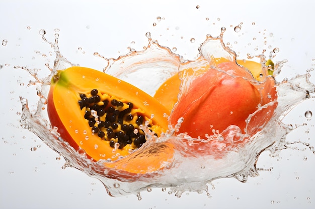 papaya acqua spruzzata isolato sfondo bianco AI generativa