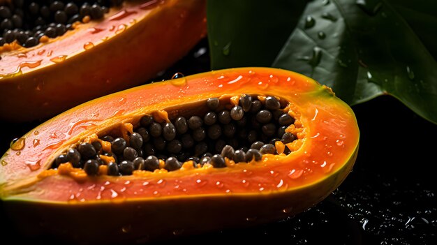 Papaya fresca con goccioline d'acqua su sfondo scuro vista dall'alto IA generativa