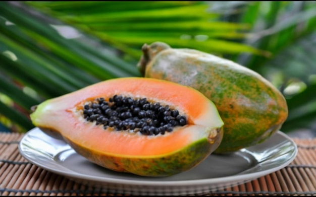 Papaya tagliata a metà su un piatto con uno sfondo tropicale