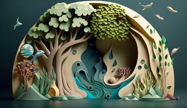 Paper art Ecologia e giornata mondiale dell'acqua Risparmiare acqua IA generativa