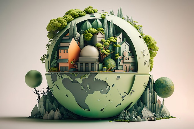 Paper art Pianeta verde Terra della sfera futuristica Crystal Earth pianeta foresta verde città Genera Ai