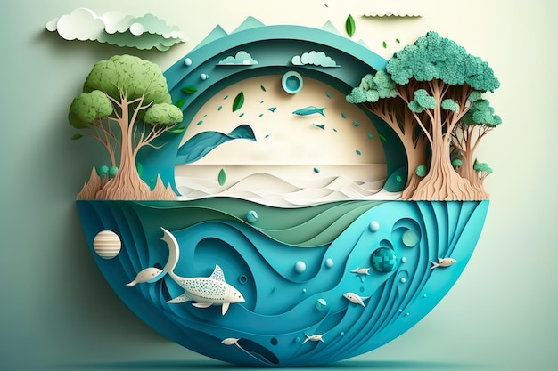 Paper art Risparmiare acqua e giornata mondiale dell'ambiente Ecologia e giornata mondiale dell'acqua tutela dell'ambiente e salvare l'acqua della terra Generare Ai