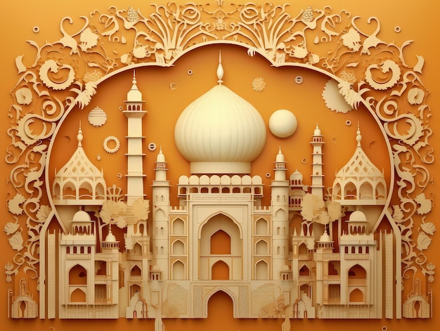 Paper Cut Mosque 3D Craft Style Illustrazione per sfondo islamico Ramadan Kareem Illustrazione in carta astratta 3D