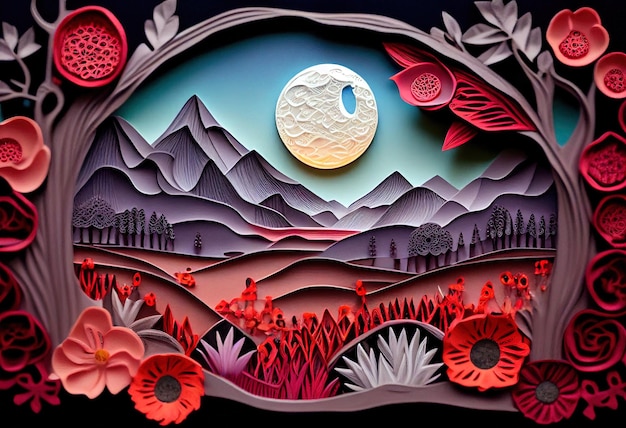 Paper Quilling di un'illustrazione del paesaggio di San Valentino fantasy AI generativa