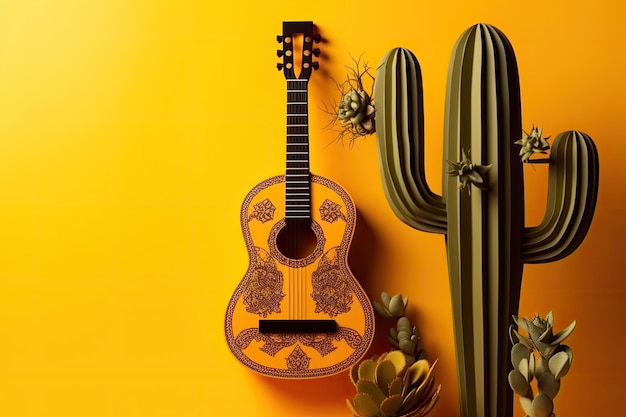 Papercut chitarra messicana e cactus con copia spazio per il testo per Cinco De Mayo e da De Muertos