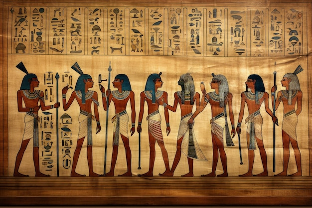 Papiro egiziano con illustrazioni di persone dell'antico Egitto IA generativa