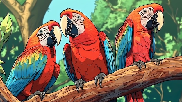 Pappagalli colorati appollaiati su un ramo di albero Concetto fantastico Pittura illustrata