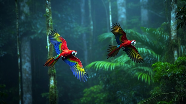 Pappagalli ibridi nella foresta Pappagallo macao che vola nella vegetazione verde scuro Forma rara Ara macao