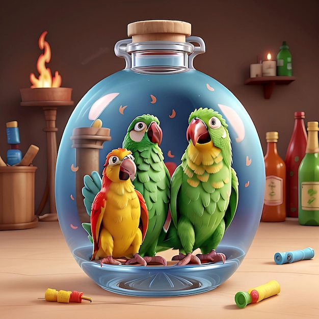 Pappagalli in una bottiglia all'interno di illustrazione 3D generativa AI
