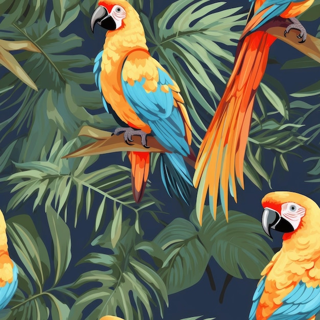 Pappagalli seduti sui rami di alberi tropicali senza cuciture