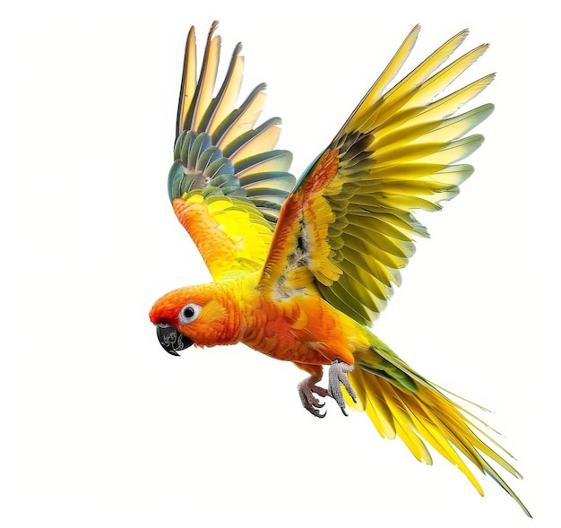 pappagallo aratinga giallo vola su uno sfondo bianco isolato