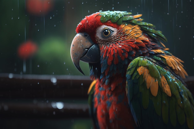 Pappagallo bagnato rosso colorato nella giungla Ritratto uccello esotico tropicale sotto la pioggia in natura Illustrazione di intelligenza artificiale generativa