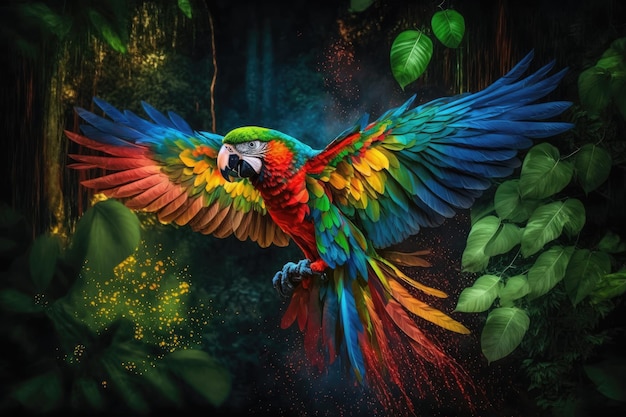 Pappagallo che prende il volo nella giungla con le sue piume colorate che brillano create con l'intelligenza artificiale generativa