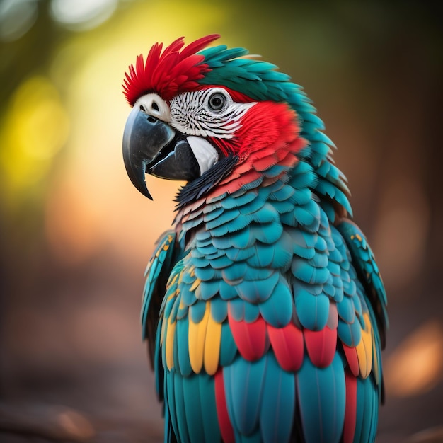 pappagallo colorato con una piuma verde e rossa sulla testa