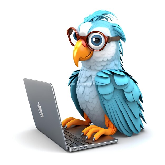 pappagallo con occhiali rotondi lavoro con computer illustrazione 3D