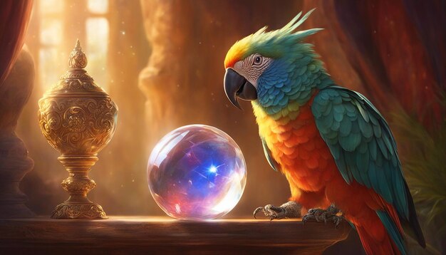 Pappagallo con una palla di cristallo scattata in un'illuminazione calda drammatica per evidenziare il pappagallo